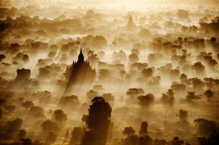 sun Rays, Bagan, Temple, Artwork HD Wallpaper Desktop Background