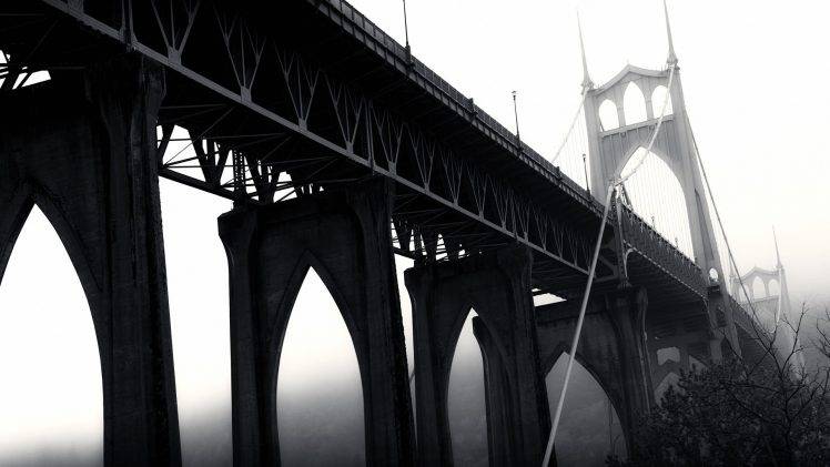 bridge, Monochrome, St. Johns Bridge, Portland, Oregon, USA HD Wallpaper Desktop Background
