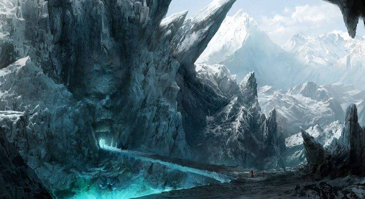cave, Ice, Mountain, Magic, Bridge, Skull, Blueprints HD Wallpaper Desktop Background