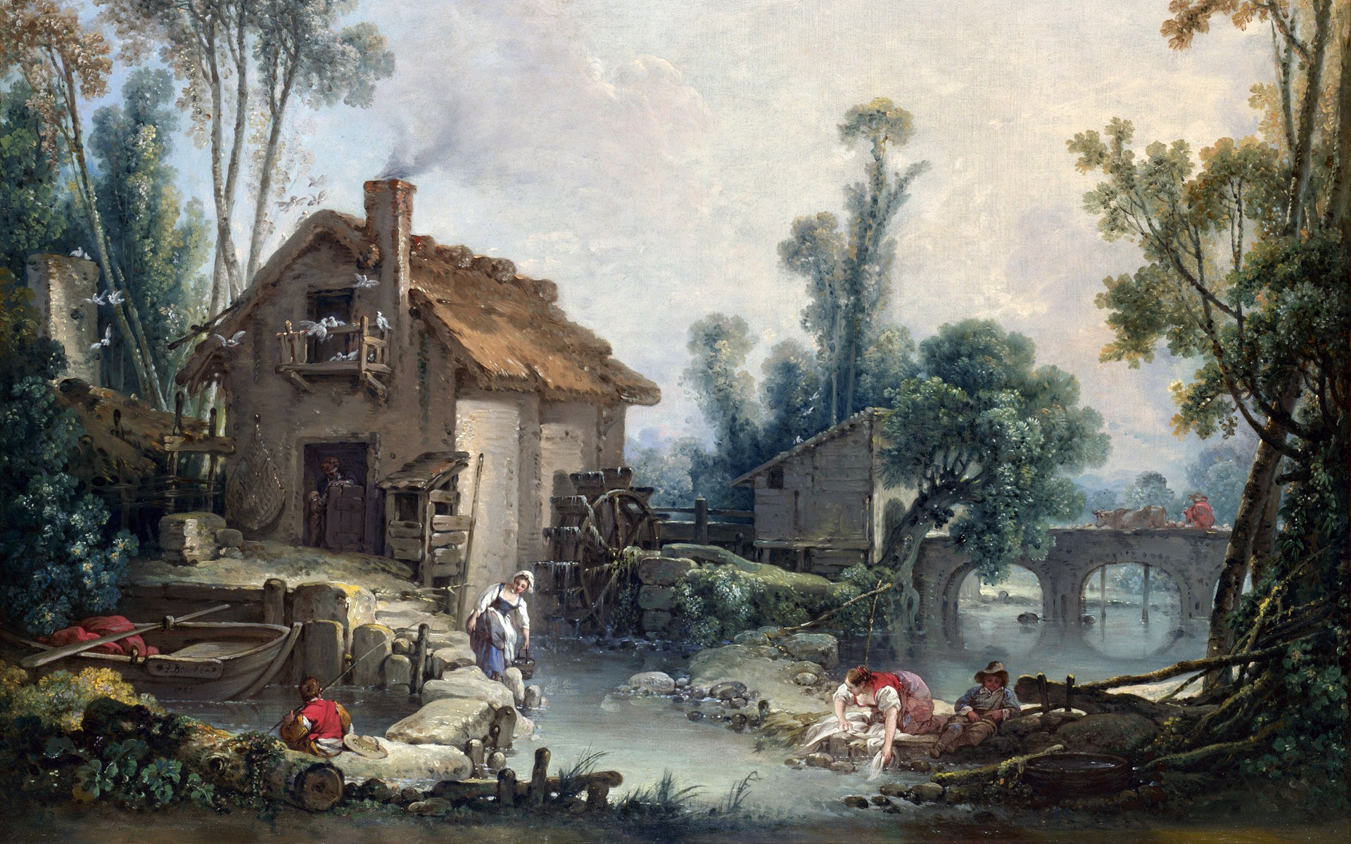 painting, cottage, mill, stream, chimneys, bridge, arch