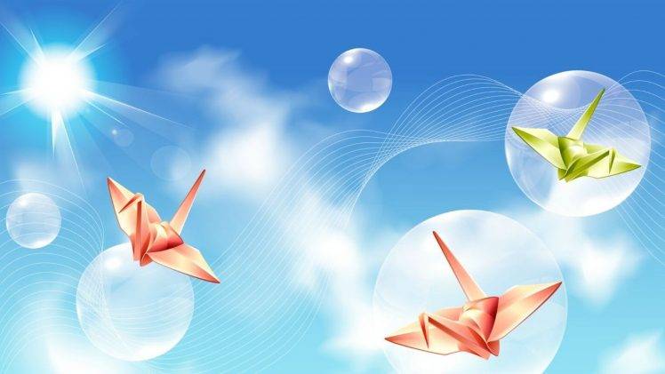 paper Cranes, Bubbles, Vector Art, Lens Flare HD Wallpaper Desktop Background