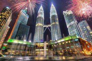 cityscape, City, Building, HDR, Lights, Petronas Towers, Twin Tower, Fireworks, Natural Lighting, Digital Lighting
