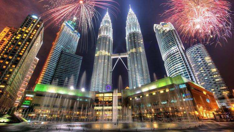cityscape, City, Building, HDR, Lights, Petronas Towers, Twin Tower, Fireworks, Natural Lighting, Digital Lighting HD Wallpaper Desktop Background