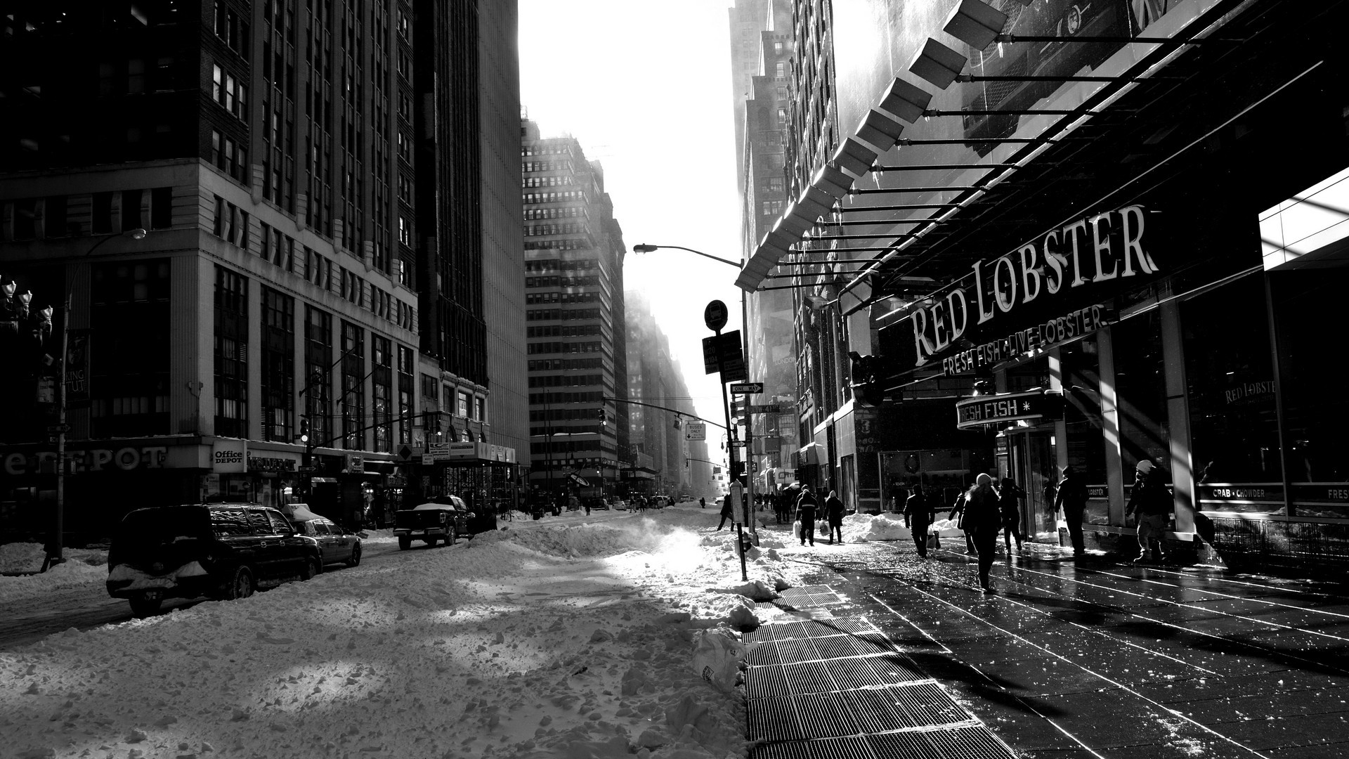 cityscape, City, Building, Monochrome, Street, Snow Wallpapers HD