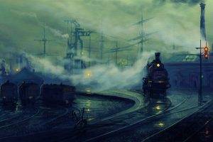 artwork, Lionel Walden, Dock, Train, Painting, Steam Locomotive