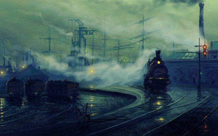 artwork, Lionel Walden, Dock, Train, Painting, Steam Locomotive HD Wallpaper Desktop Background