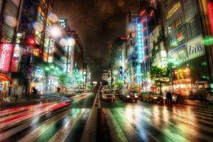 Tokyo, City, Road, Traffic, Lights, Neon, Long Exposure, Rain, Wet