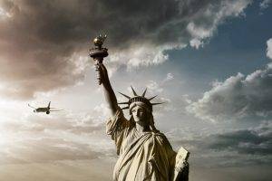 Statue Of Liberty, Clouds, Airplane, Statue