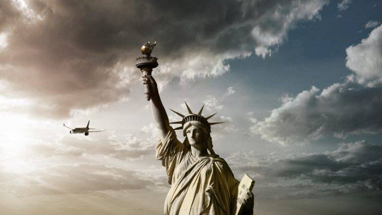 Statue Of Liberty, Clouds, Airplane, Statue HD Wallpaper Desktop Background