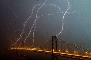 architecture, Bridge, Night, Lights, Lightning, Water Drops, San Francisco