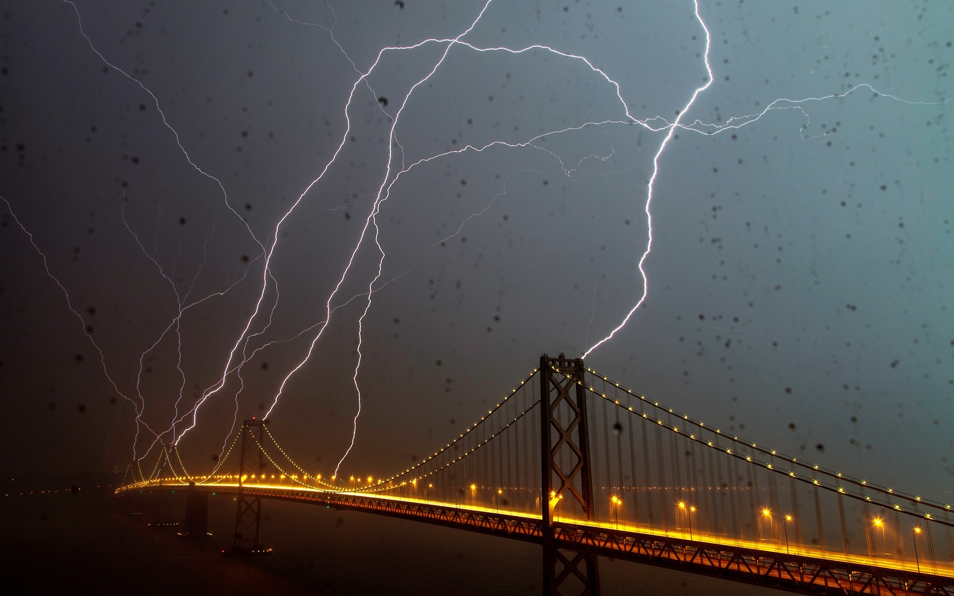 architecture, Bridge, Night, Lights, Lightning, Water Drops, San Francisco Wallpaper