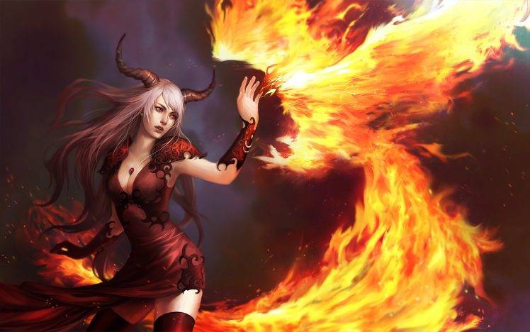 fire, Women, Demoness, Grey Hair, Horns, Magic HD Wallpaper Desktop Background