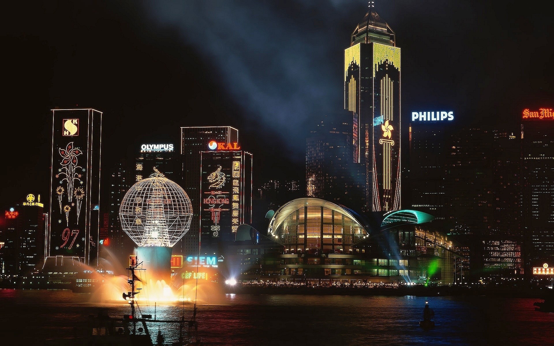 city, Lights, Skyscraper, Fountain, Hong Kong Wallpaper