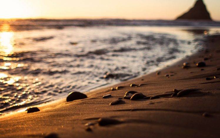 beach, Pebbles, Depth Of Field, Sea, Sunlight, Sand HD Wallpaper Desktop Background