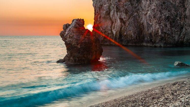sea, Rock, Sunset, Sun Rays, Waves HD Wallpaper Desktop Background