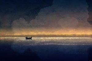 boat, Painting, Sea