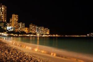 night, Beach, Lights, Clouds, Havaí