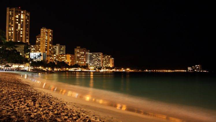 night, Beach, Lights, Clouds, Havaí HD Wallpaper Desktop Background