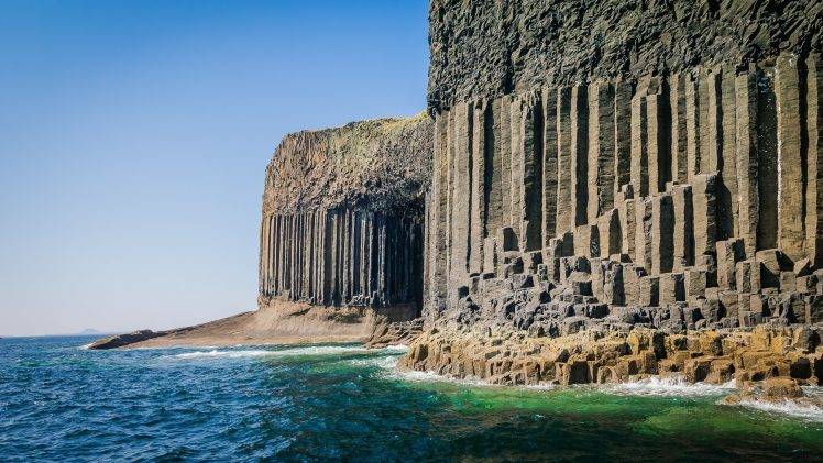 sea, Scotland, Cliff, Beach, UK, Rock Formation, Staffa Island, Erosion, Pillar HD Wallpaper Desktop Background