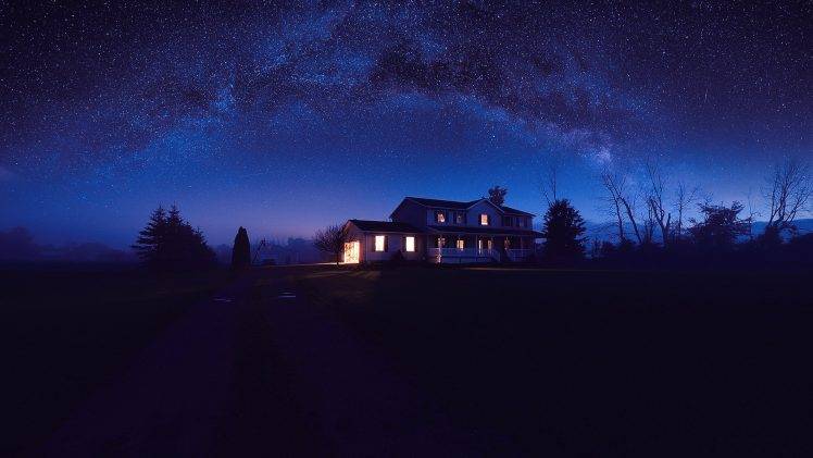 house, Night, Stars, Sky, Blue HD Wallpaper Desktop Background