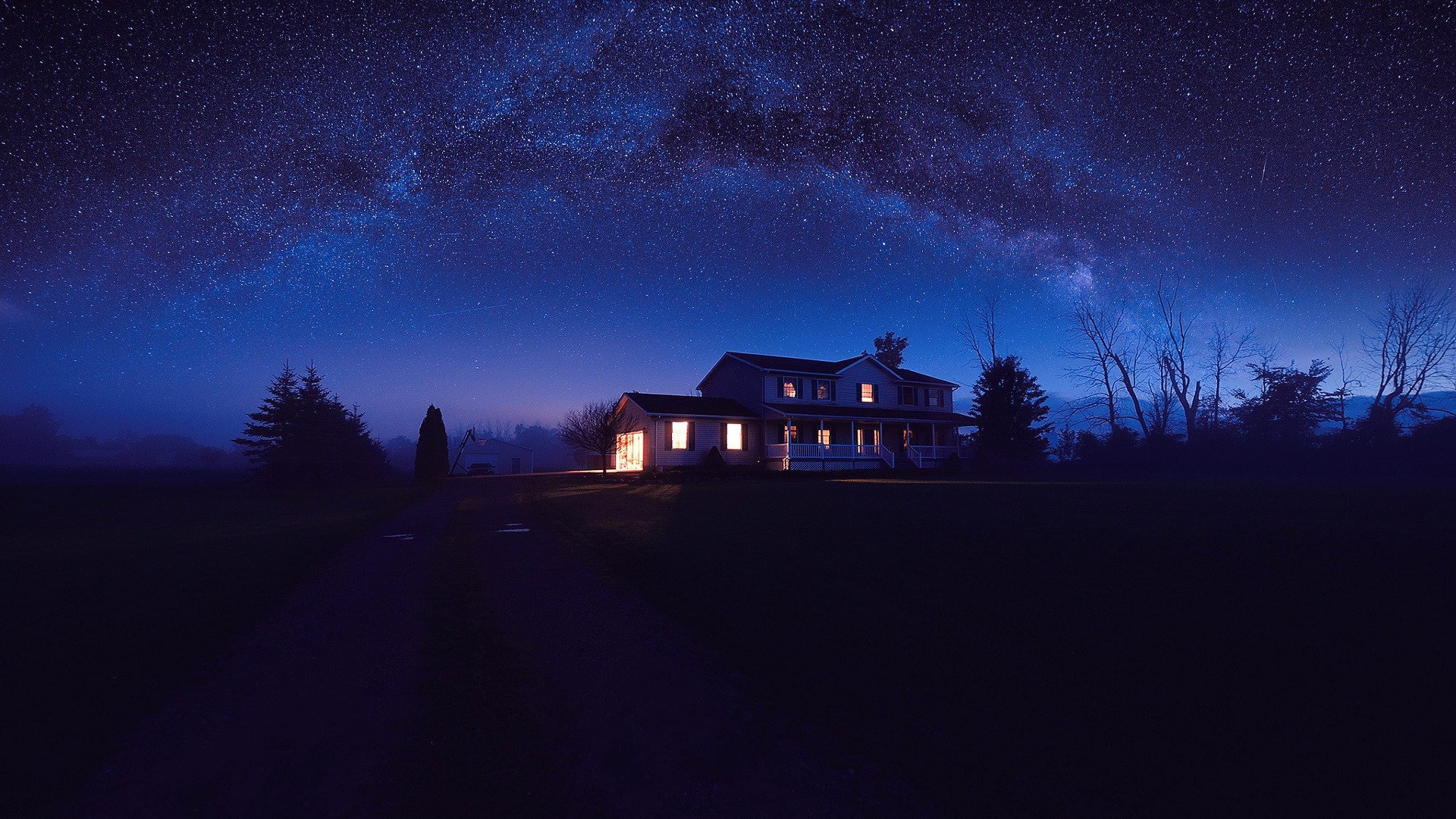 house, Night, Stars, Sky, Blue Wallpaper