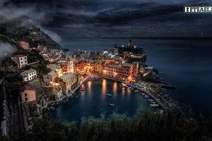 cityscape, Night, Lights, Sea, Italy, Liguria, Vernazza