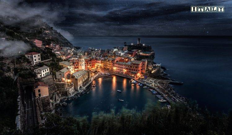 cityscape, Night, Lights, Sea, Italy, Liguria, Vernazza HD Wallpaper Desktop Background