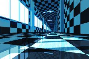 checkered, Tunnel, Hallway, Reflection, CGI