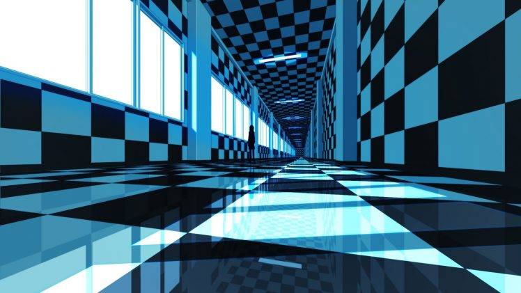 checkered, Tunnel, Hallway, Reflection, CGI HD Wallpaper Desktop Background
