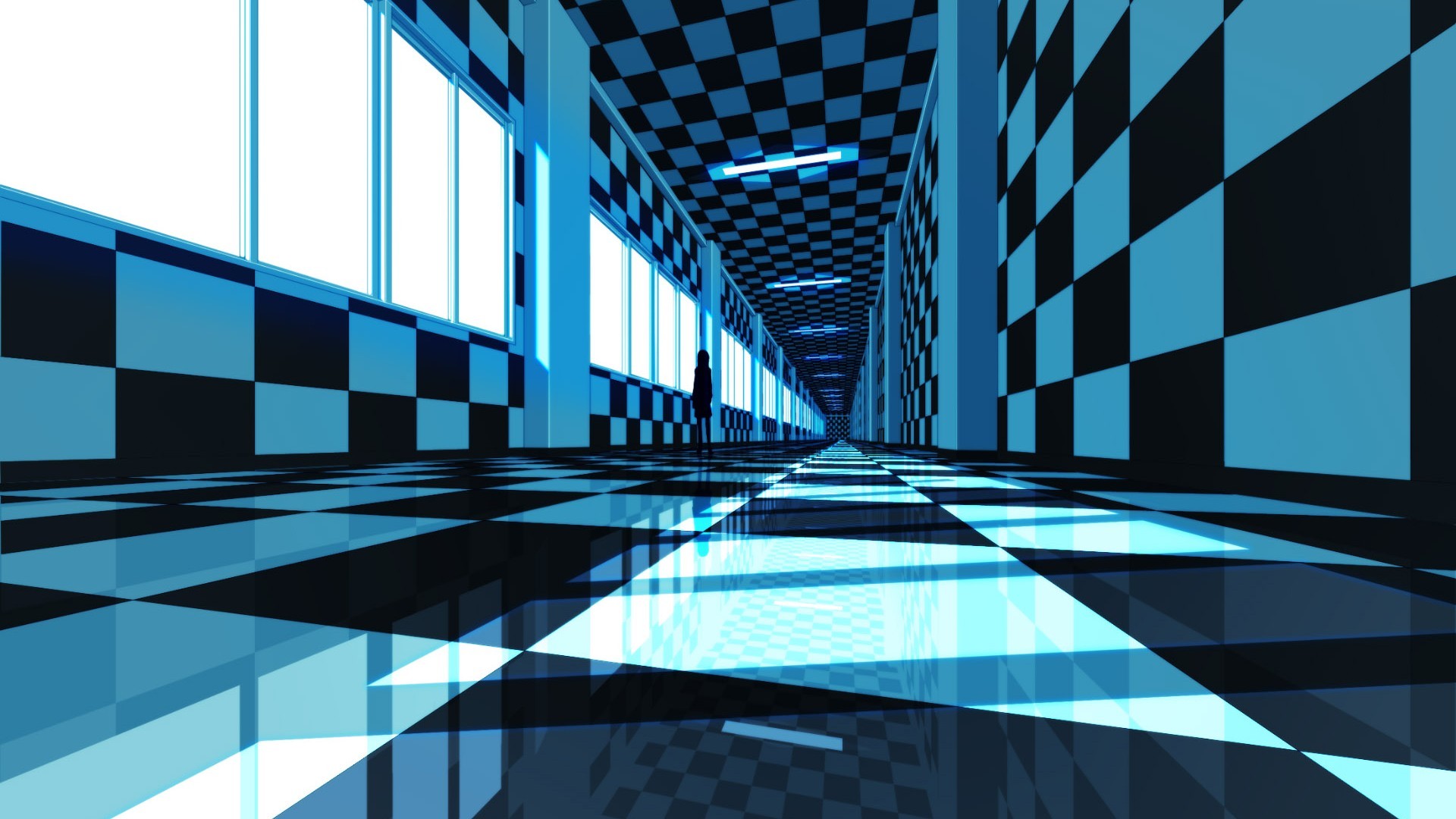 checkered, Tunnel, Hallway, Reflection, CGI Wallpaper