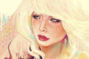 anime, Blonde, Freckles, Artwork, Women, Face