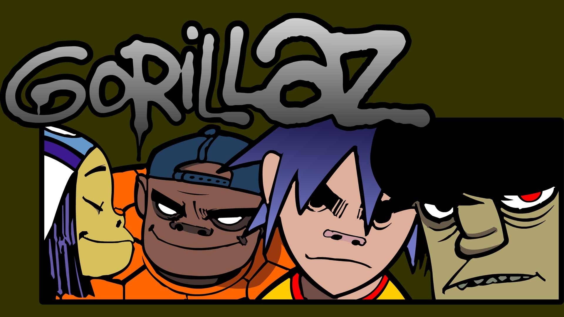 Gorillaz, 2 D, Murdoc Niccals, Russel Hobbs, Noodle, Jamie Hewlett