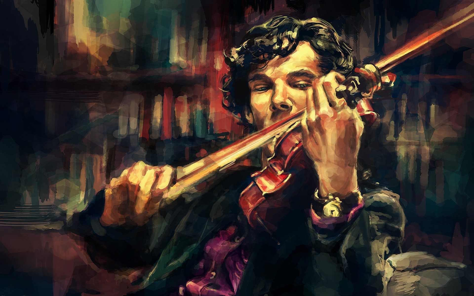 anime, Sherlock Holmes, Sherlock, Benedict Cumberbatch, Alicexz, Artwork, Violin Wallpaper