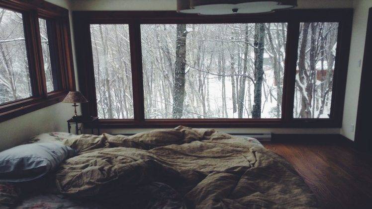 winter, Room, Bed, Window, Trees, Snow HD Wallpaper Desktop Background