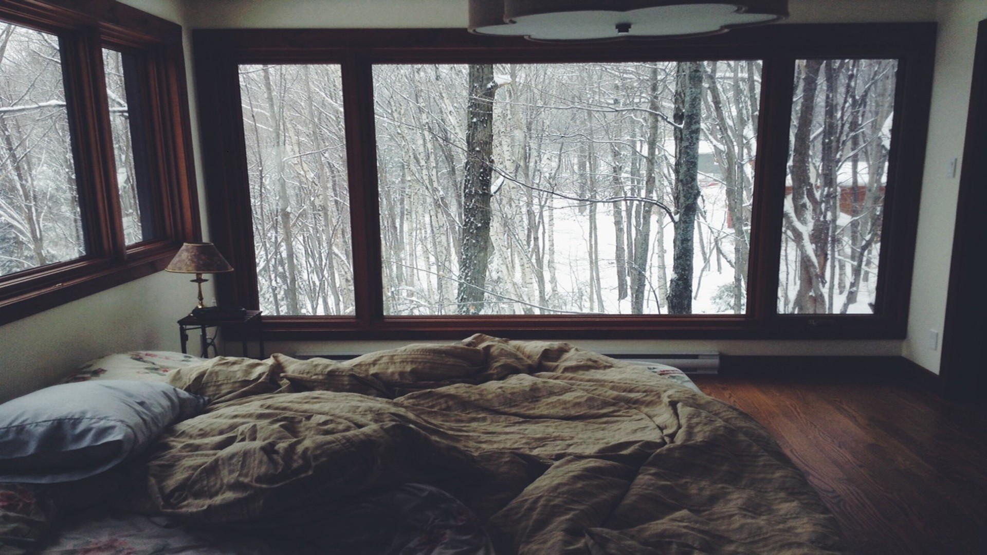 winter, Room, Bed, Window, Trees, Snow Wallpaper