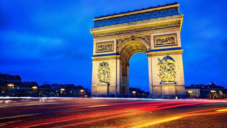 lights, Road, Architecture, Long Exposure, Cityscape, Light Trails, Arc De Triomphe, Arch, France HD Wallpaper Desktop Background