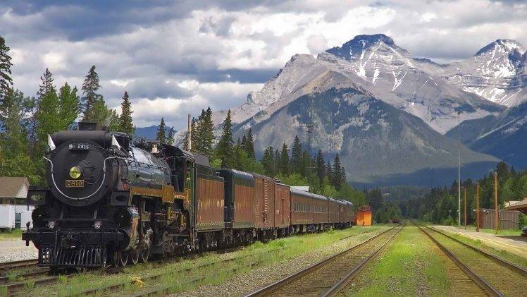 Alberta National Park, Steam Locomotive, Railway, Train, Mountain, Canada HD Wallpaper Desktop Background