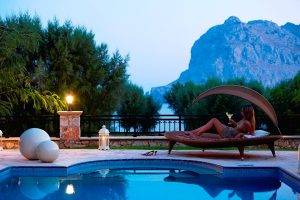 Greece, Hotels, Mountain, Swimming Pool, Women, Lying Down, Barefoot