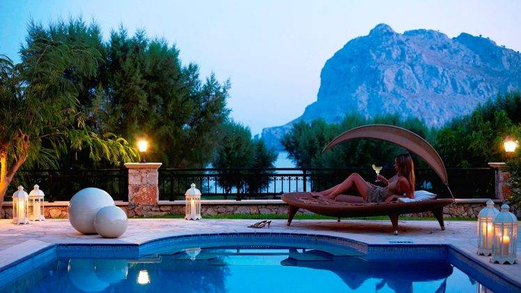 Greece, Hotels, Mountain, Swimming Pool, Women, Lying Down, Barefoot HD Wallpaper Desktop Background