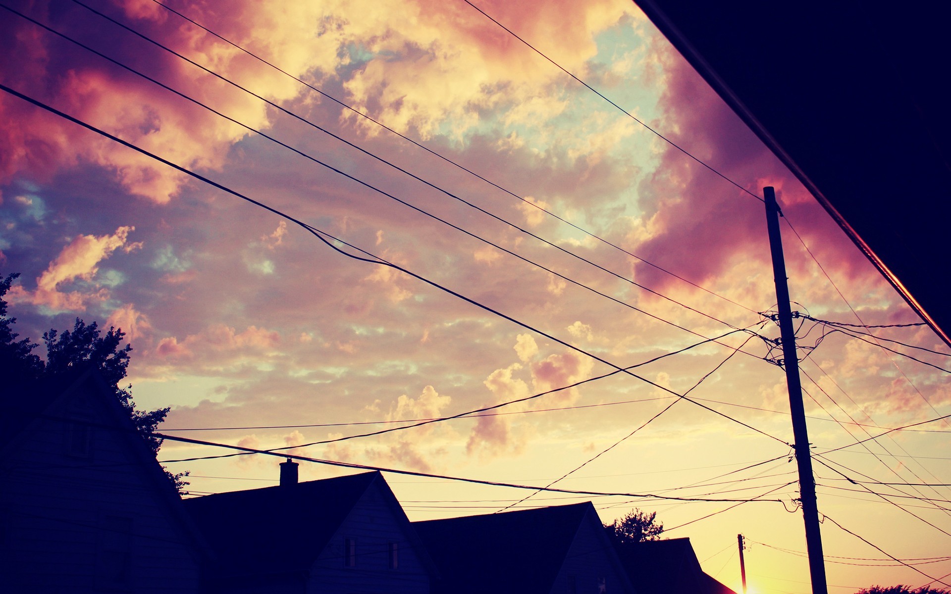 clouds, House, Sunset Wallpaper