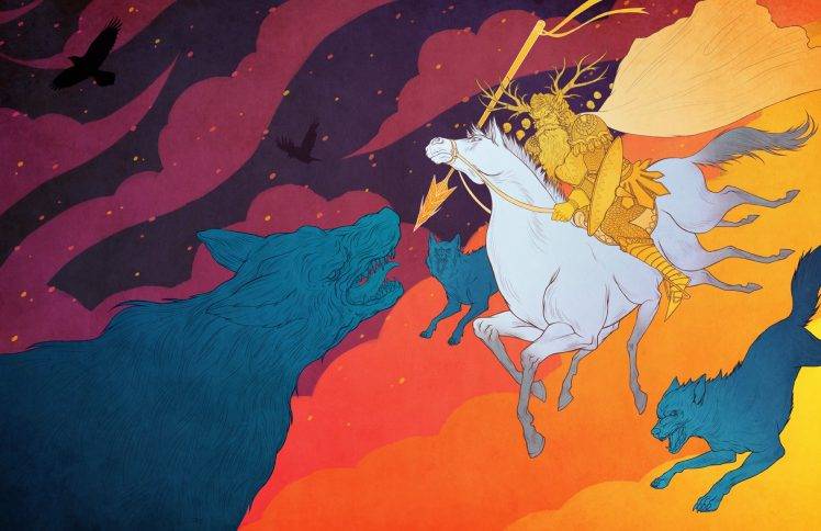 mythology, Clouds, Horse, Huginn, Muninn, Sleipnir, Fenris, Geri, Freki, Gungnir, Horse Riding, Colorful, Wolf, Myth, Odin HD Wallpaper Desktop Background