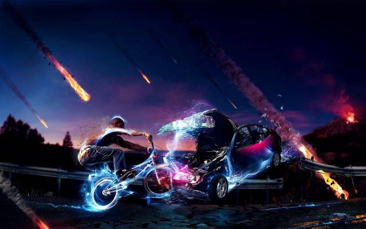 men, Digital Art, Crash, Car, Bicycle, Vehicle HD Wallpaper Desktop Background