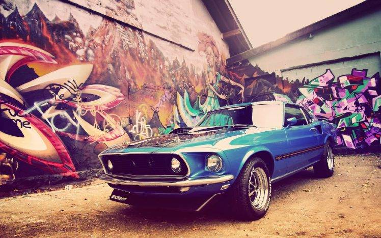 Ford, Ford Mustang, Graffiti, Car, Ford Mustang Mach 1, Muscle Cars, Blue Cars, Vehicle HD Wallpaper Desktop Background