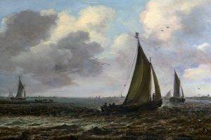 painting, Sailing Ship, Sea, Sky, Birds, Classic Art