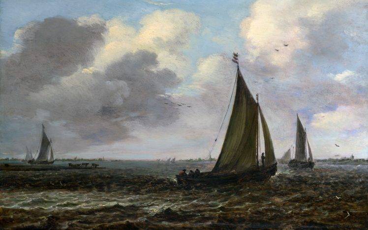 painting, Sailing Ship, Sea, Sky, Birds, Classic Art HD Wallpaper Desktop Background
