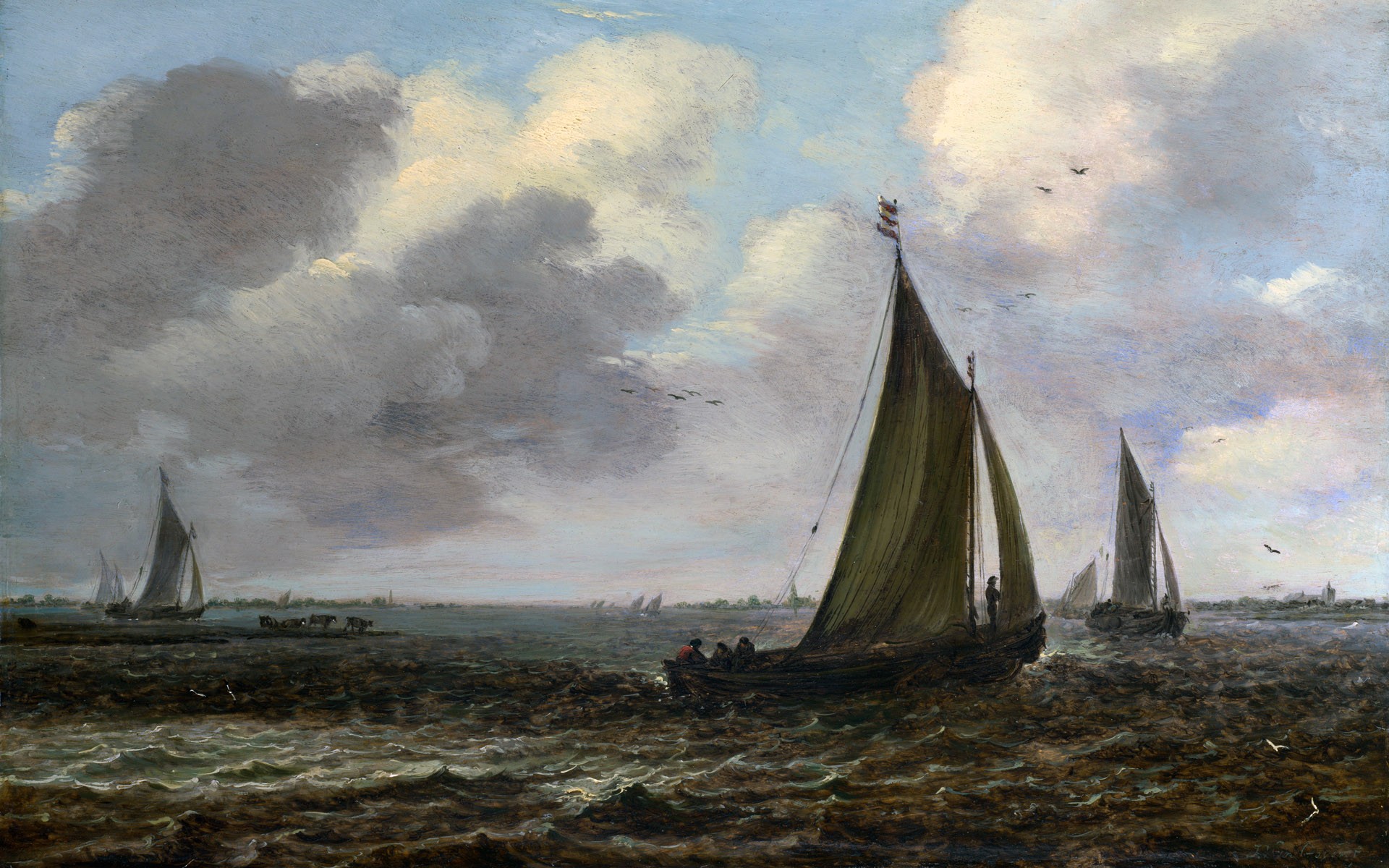 painting, Sailing Ship, Sea, Sky, Birds, Classic Art Wallpaper