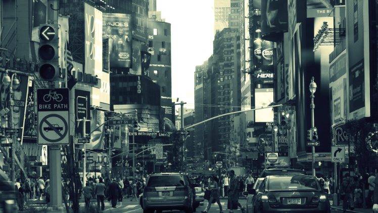 people, Crowds, Architecture, Monochrome, Building, New York City, USA, Street, Car, Traffic Lights, Road Sign, Urban, Billboards, Filter, City HD Wallpaper Desktop Background
