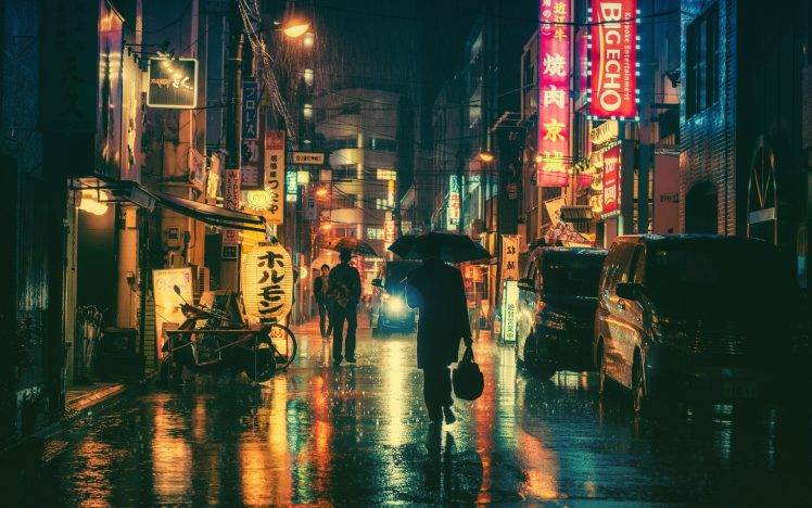 Japanese, City, Urban, Street, Asia, Rain, Night, Tokyo, Japan, Lights, Street Light, Reflection, Car, Building HD Wallpaper Desktop Background