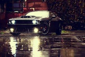 SRT, Dodge, Rain, Lights, Reflections, Black Cars, Sports Car, Dodge Challenger SRT