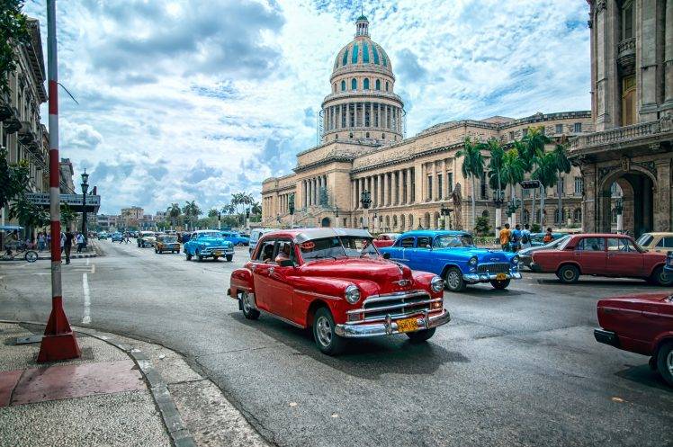 people, Town, City, Sculpture, Statue, Havana, Cuba, Capital, Street, Car, Crossroads, Old Car, Classic Car, Architecture, Building, Palm Trees, Path, Clouds, HDR, Bicycle, Theaters, Old Building, Dome, Lamp, Taxi HD Wallpaper Desktop Background
